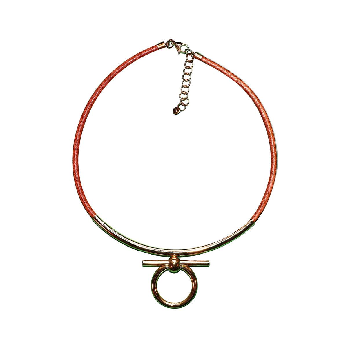 Necklace with a circular clasp on a green background