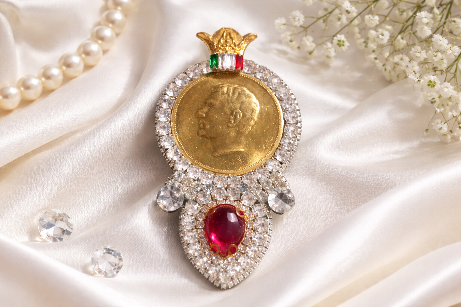 Gold pendant with a red gemstone on a white fabric background
