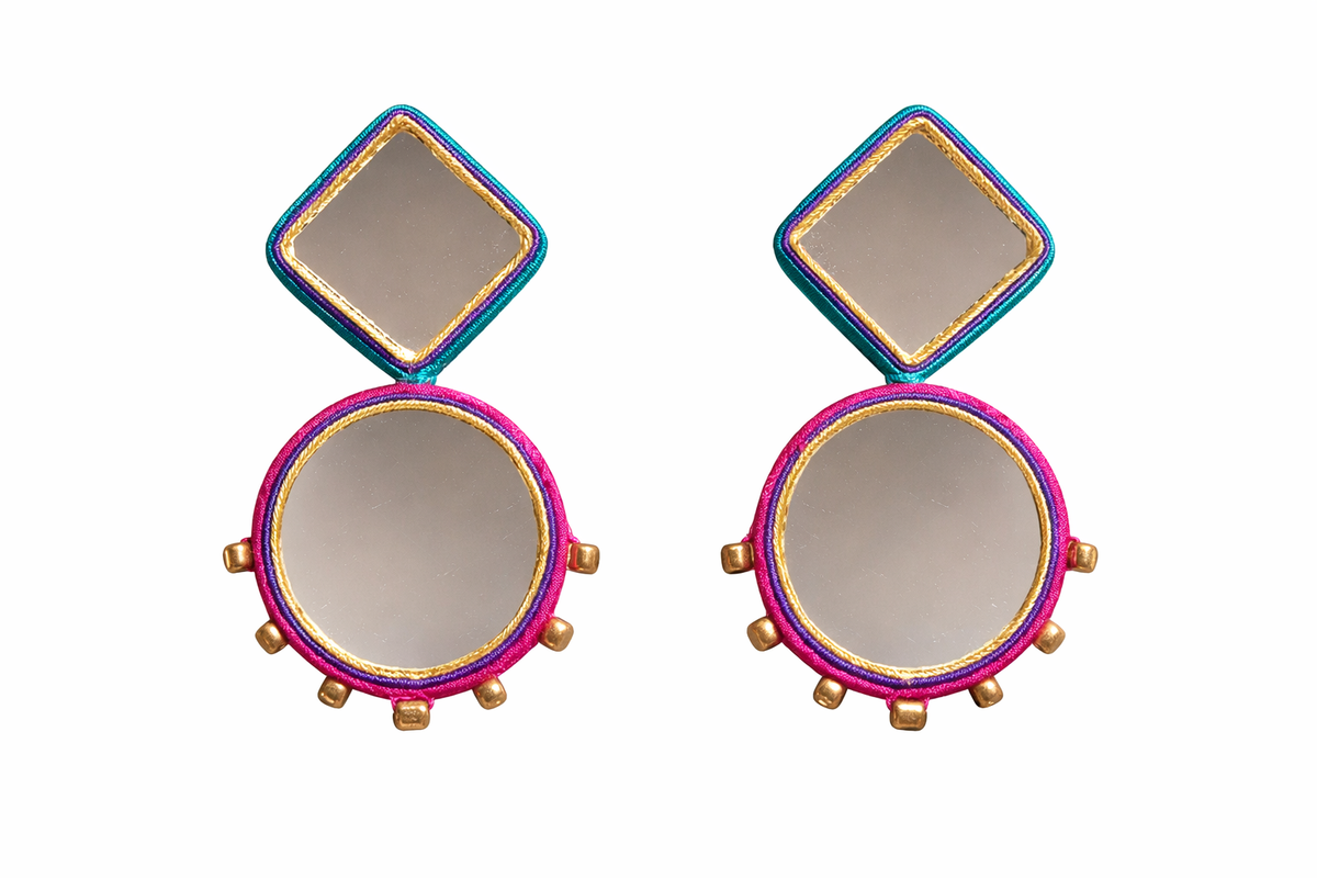 Colorful earrings with square and round mirrors 